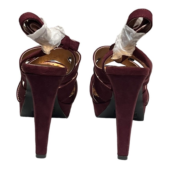 Qupid Reflective Platform High Heel Sandals Burgundy Faux Suede Open Toe Cutout - Picture 4 of 8